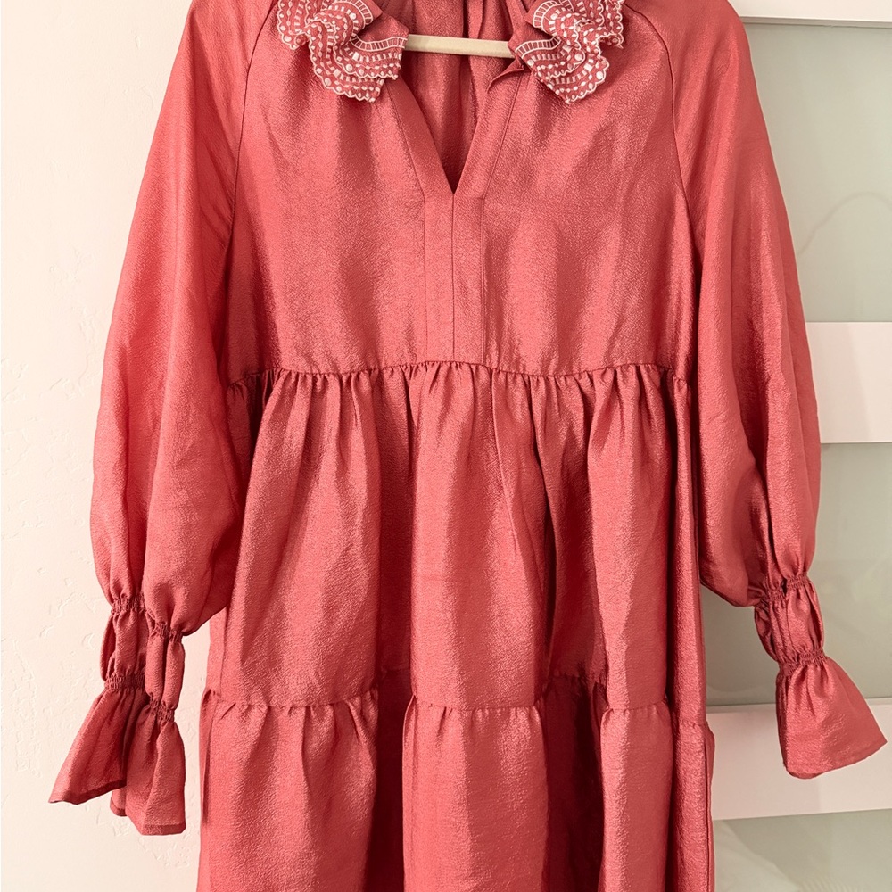 STINE GOYA Coral Pink Tiered Ruffle-Trim Dress